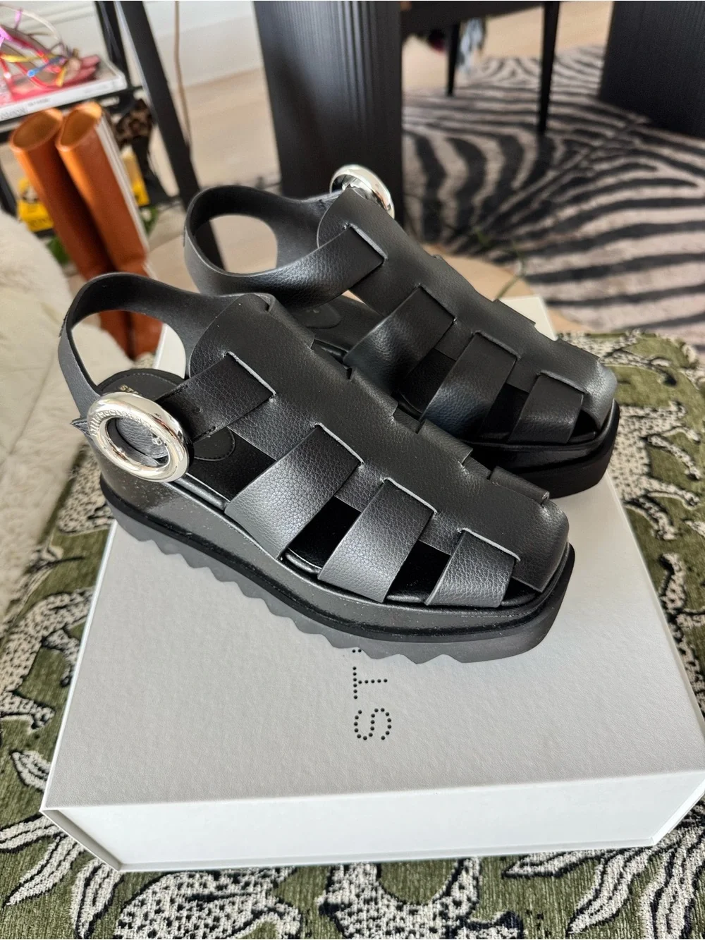 Stella McCartney Elyse Black Wedge Fisherman Sandals with Silver Buckle